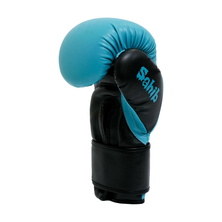 Right side of sky blue gloves – ergonomic design for Muay Thai combos