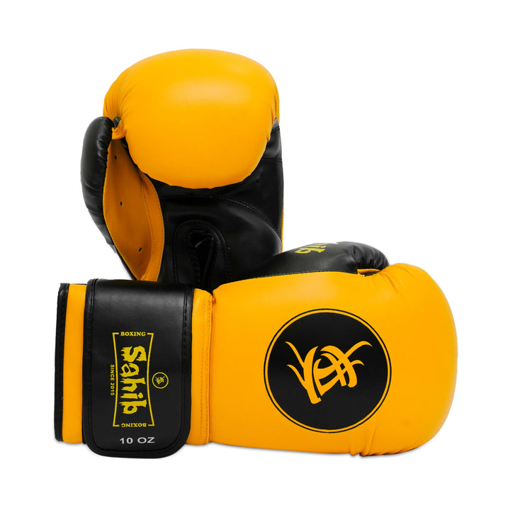 Front view of yellow Sahib® boxing gloves – vibrant synthetic leather for gym training
