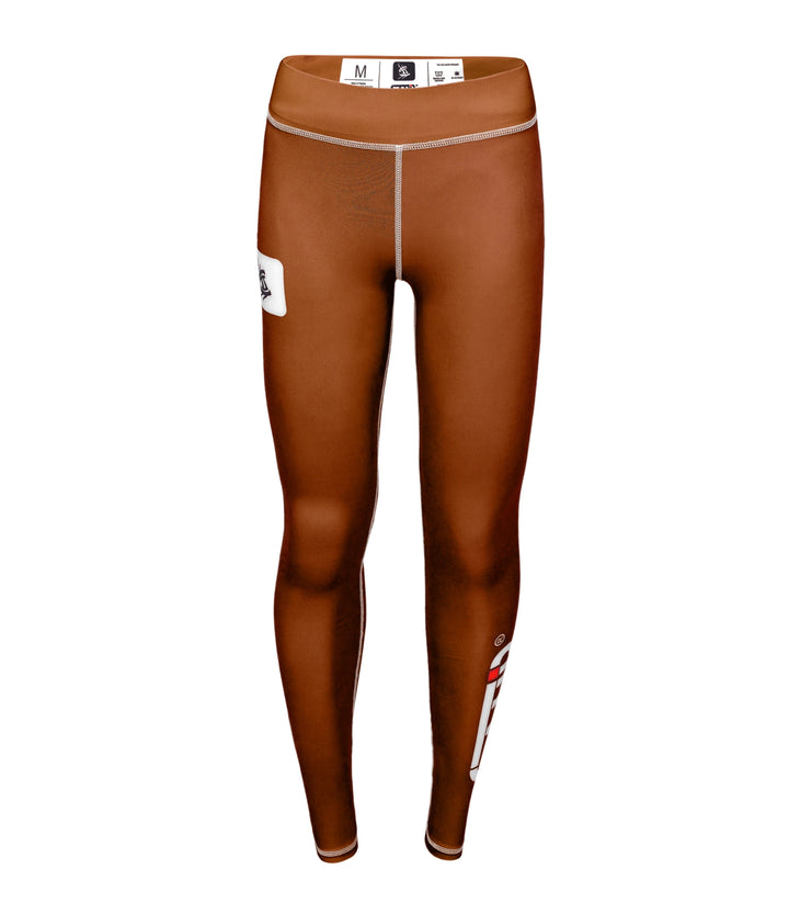 Front view of Sahib® brown compression leggings – breathable and performance-ready for martial arts athletes.