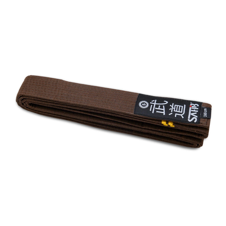 Full-length image of brown belt with two gold stripes