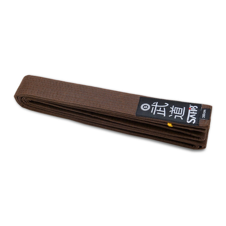 Full view of Sahib brown belt with one gold rank stripe