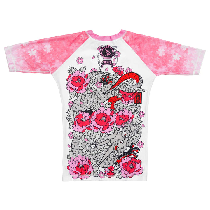 SAHIB® Dragon Petal bjj rash guard from Bushido Bloom collection – floral dragon design for female fit 