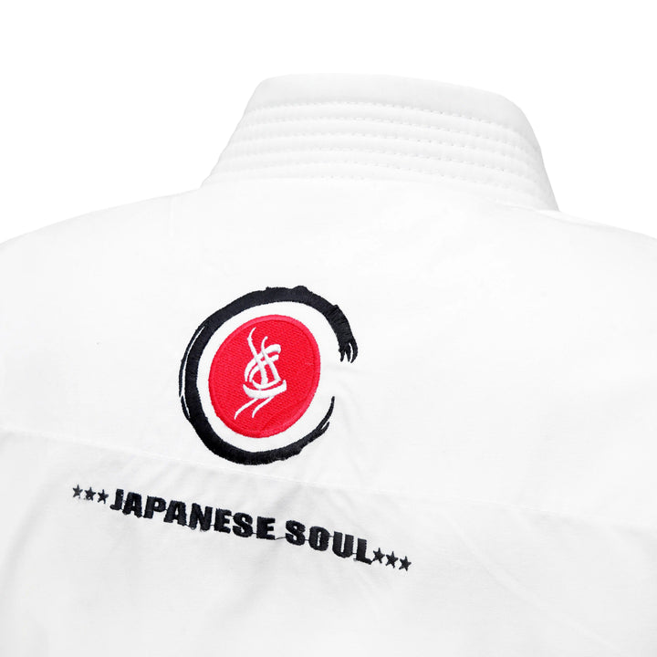 Close-up of Sahib Canvas Karate Gi white back embroidery – martial arts uniform detail