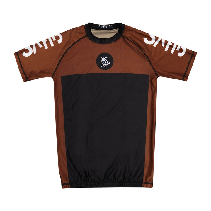 Front view of brown Sahib® Ranked Rashguard – moisture-wicking and 4-way stretch fabric