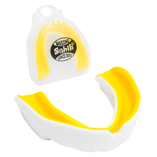 Sahib Double Color Mouthguard in White and Yellow – Clean Front View