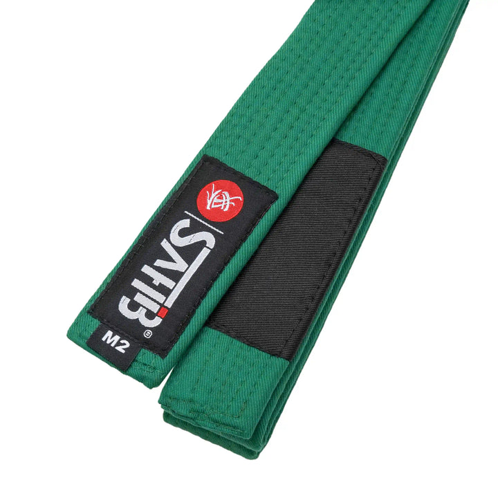 Sahib® Junior BJJ Belt – Close‑Up of Green Kids Belt with 9‑Row Stitching