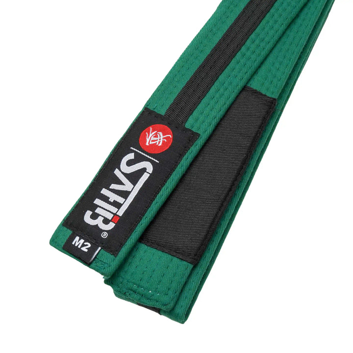 Sahib® Junior BJJ Belt – Close‑Up of Green‑Black Belt Durable Stitching