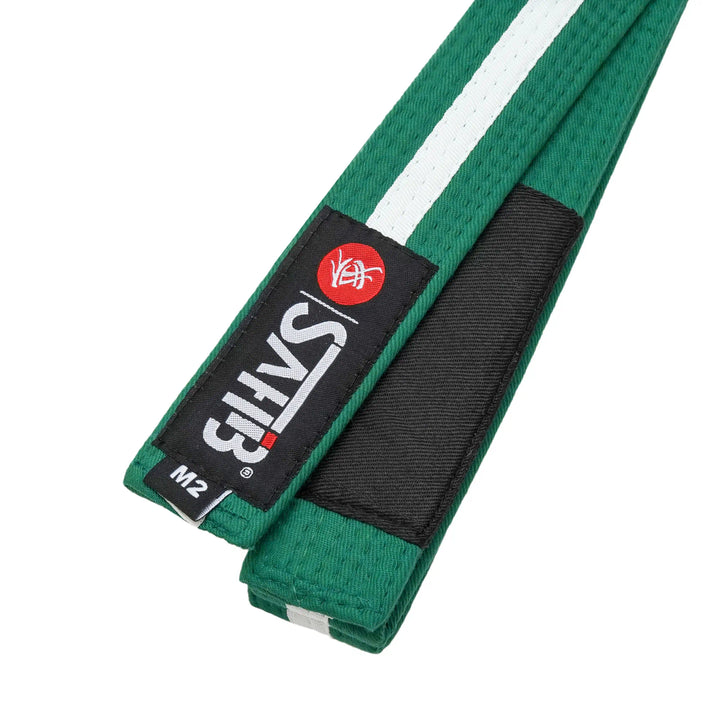 Sahib® Junior BJJ Belt – Close‑Up of Green‑White Belt Stitching Detail