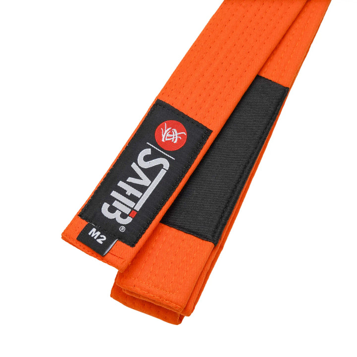 Sahib® Junior BJJ Belt – Close‑Up of Orange Kids Belt with 9‑Row Stitching