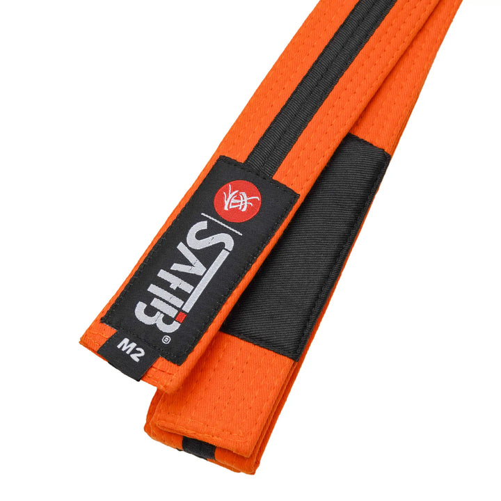 Sahib® Junior BJJ Belt – Close‑Up of Orange‑Black Belt Reinforced Stitching