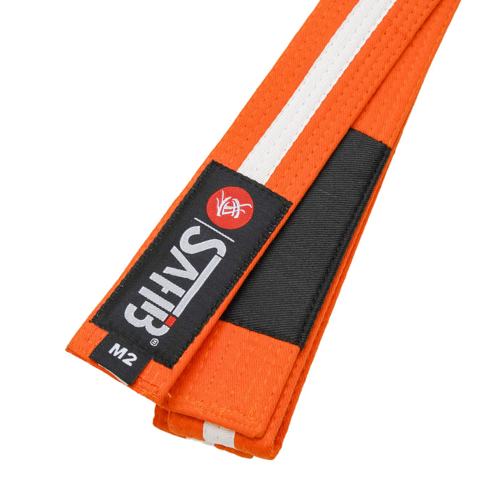 Sahib® Junior BJJ Belt – Close‑Up of Orange‑White Belt Stitching Detail
