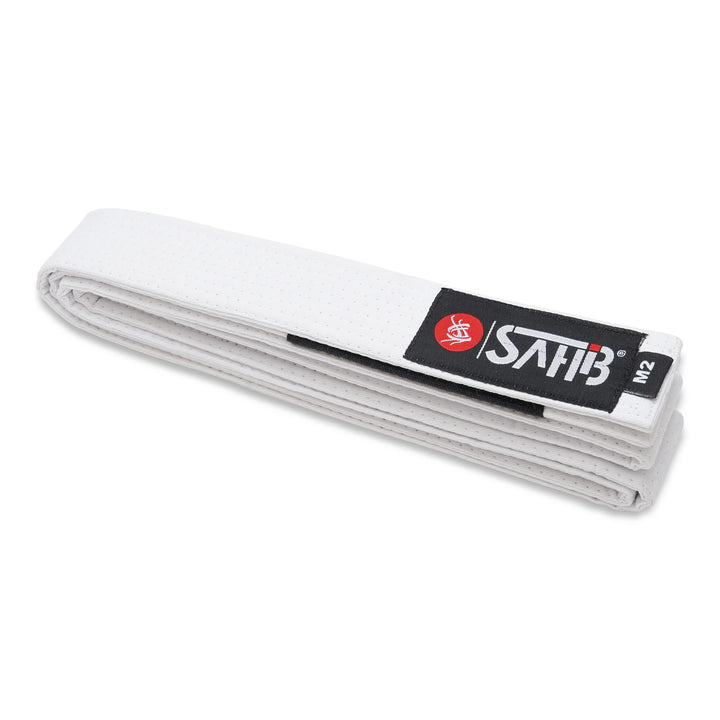 Full view of Sahib® junior BJJ belt in white–durable cotton twill for beginners