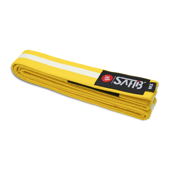 Sahib® Junior BJJ Belt – Full View of Yellow‑White Kids Training Belt