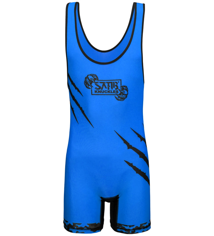 Front view of blue wrestling singlet – custom wrestling uniform with secure fit