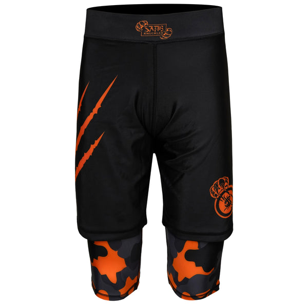 Front view of Sahib® Knuckles Hybrid MMA Shorts in black – 2-in-1 compression fight shorts for MMA, BJJ, and gym training