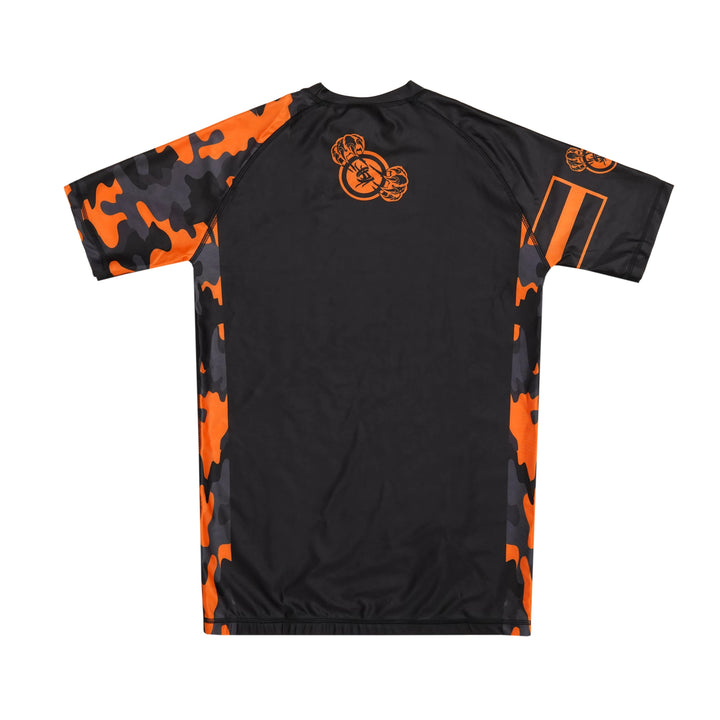 Sahib® Knuckles orange rashguard, rear view, perfect for grappling workouts