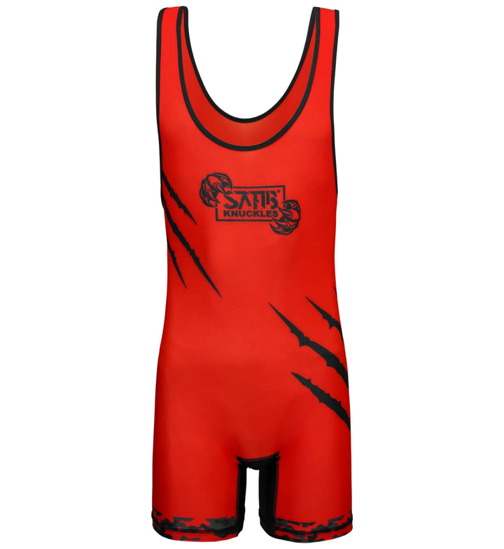 Front view of red Sahib wrestling singlet – lightweight spandex custom fit