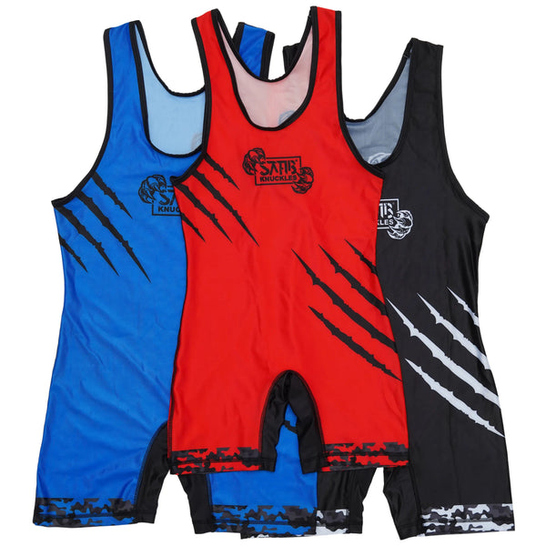 Sahib Knuckles Wrestling Singlets – Red, Blue, Black color display for competition and training
