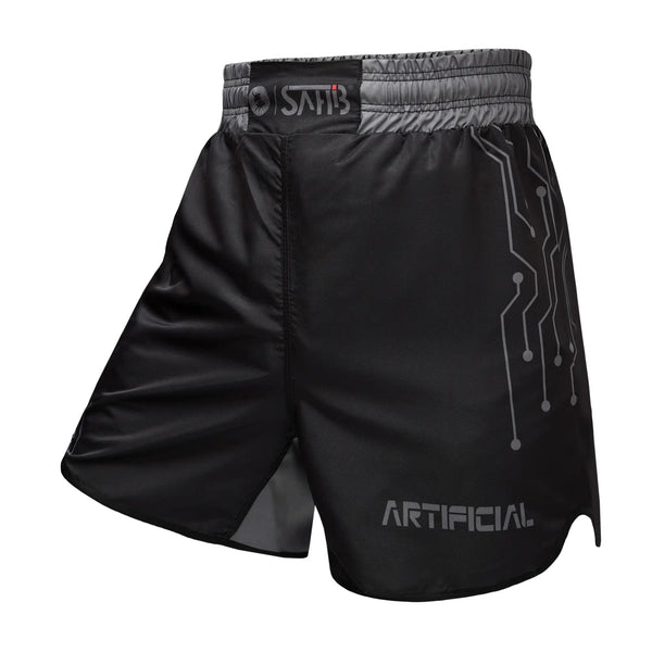 Athlete delivering a high kick while wearing Sahib Artificial Series No-Gi Fight Shorts, showing full mobility and durability.