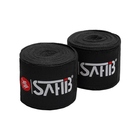 Front view of Sahib black boxing hand wraps with semi-elastic material and branded finish.
