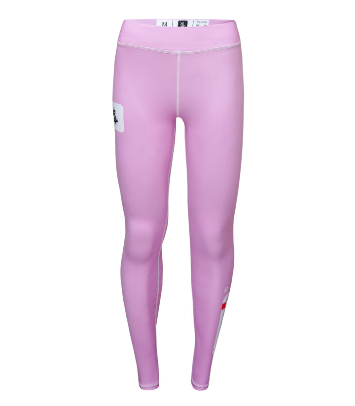 Front view of Sahib® purple women's spats – flatlock stitched leggings for combat sports and gym wear.