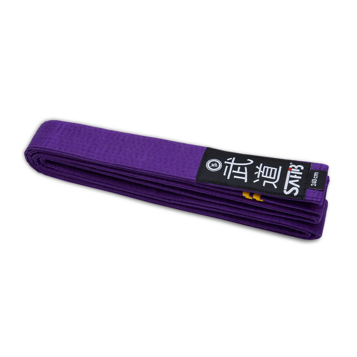 Full-length purple karate belt with two gold embroidered stripes