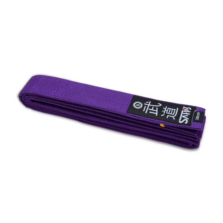 Full view of Sahib purple karate belt with one stripe