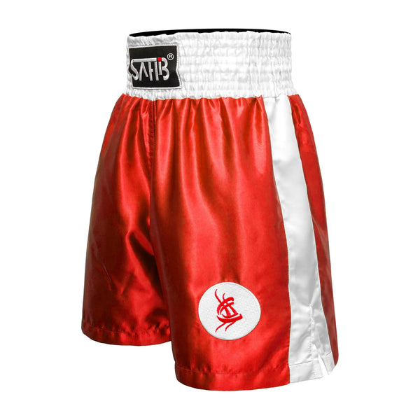  Sahib® Classic Professional Boxing Shorts in red satin, side kick pose showing smooth fabric and fit