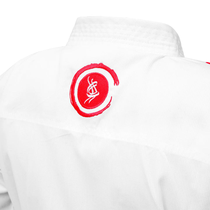 Embroidery close-up on back of Sahib® Sakura Red Label Gi – detailed finishing for karate competition wear