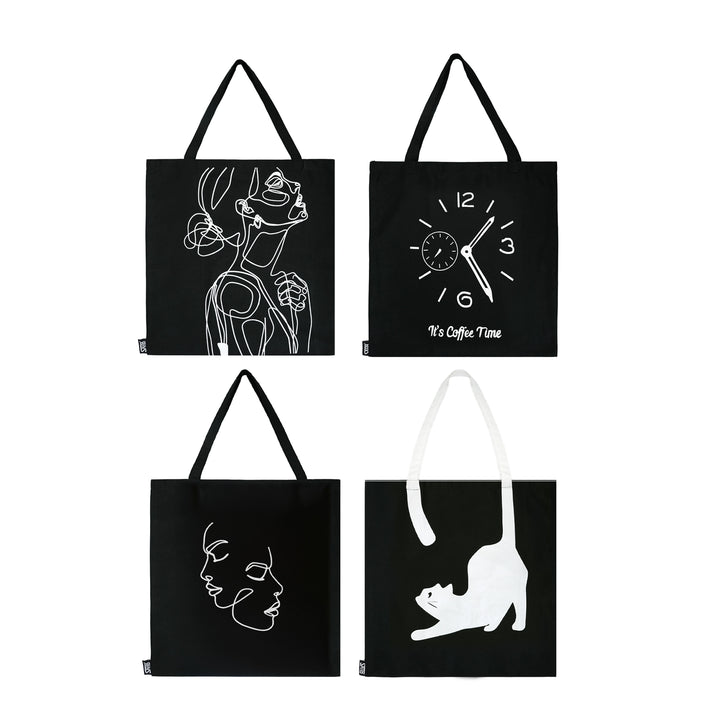 Sahib® artistic tote bag with woman and cat sketch print – reusable cotton twill eco bag UAE