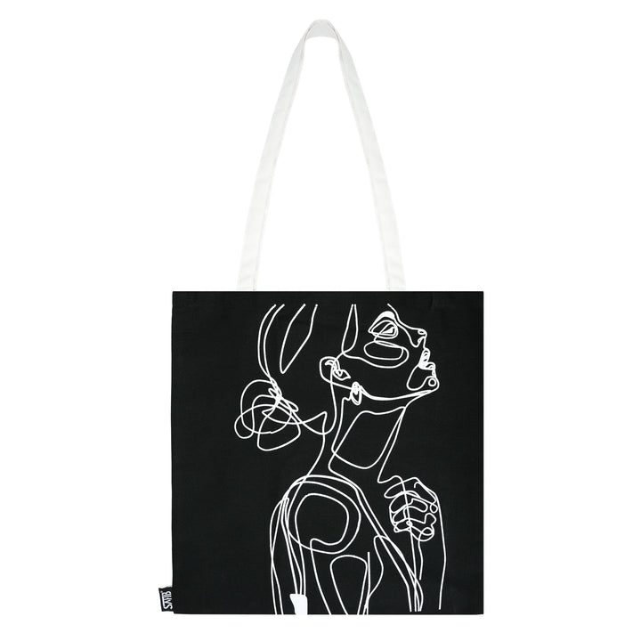 White-handled version of Sahib® woman sketch tote – minimalist eco bag for shopping or casual use