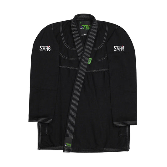 Front view of Sahib® UAE Series V2 BJJ Kimono in black and white – pearl weave Jiu Jitsu jacket for lightweight academy training