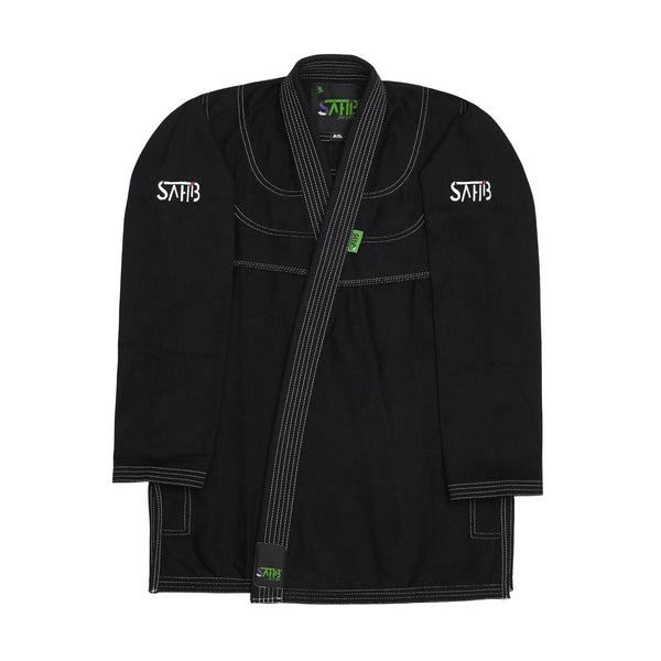 Front view of Sahib® UAE Series V2 BJJ Kimono in black and white – pearl weave Jiu Jitsu jacket for lightweight academy training