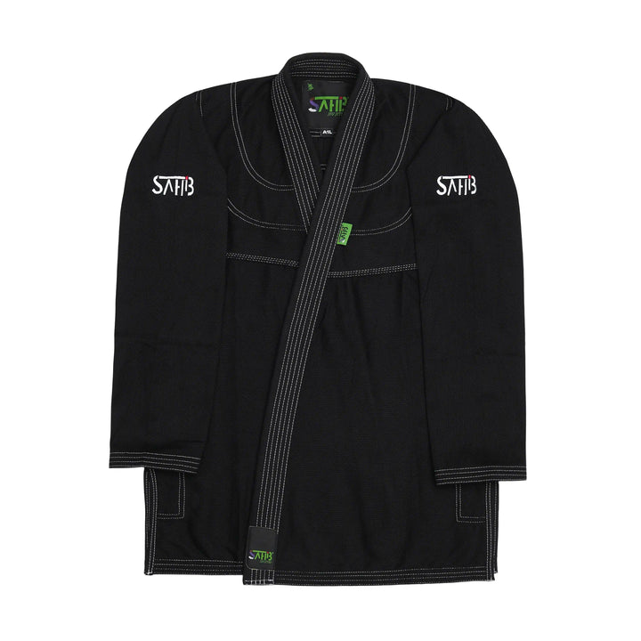 Front view of Sahib® UAE Series V2 BJJ Kimono in black and white – pearl weave Jiu Jitsu jacket for lightweight academy training
