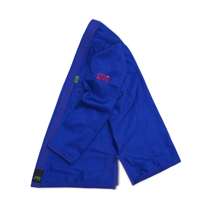Side angle of Sahib® UAE Series V2 BJJ gi – blue/red contrast kimono with tailored fit for grappling flow