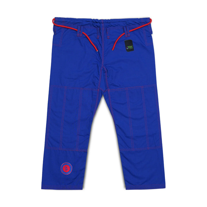 Front of blue/red pants from Sahib® UAE Series V2 BJJ Kimono – ripstop construction for mobility and training ease