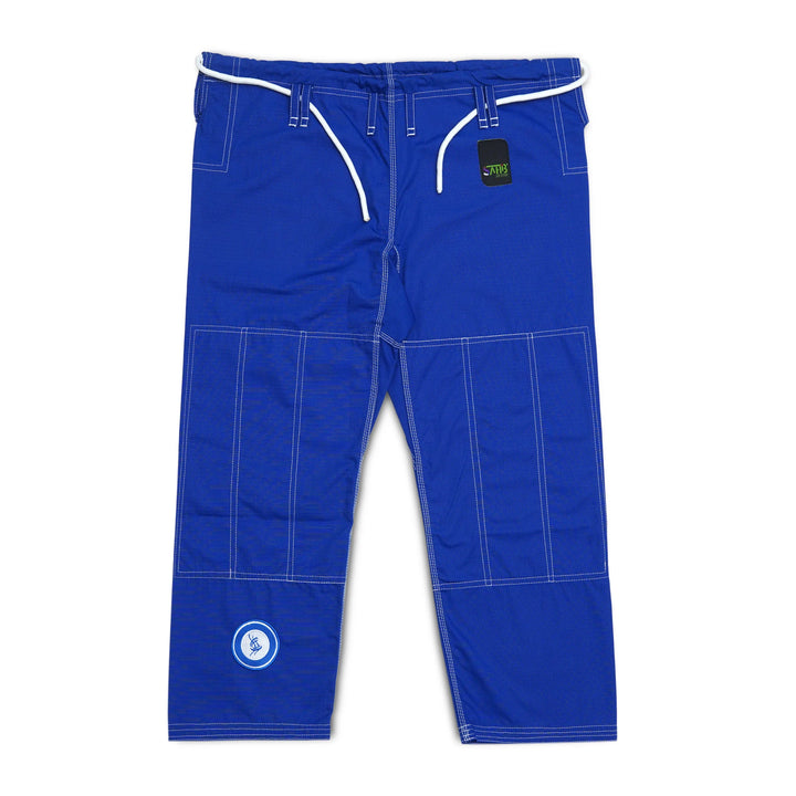 Front view of Sahib® UAE Series V2 BJJ pants – blue and white ripstop gi trousers for high-movement grappling