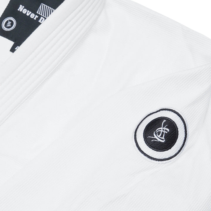 Front view of 10 oz twill pants for Sahib Competition Series Handmade White BJJ Gi Kyushu 1877