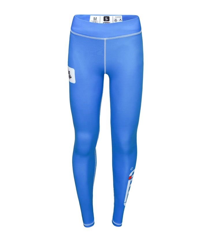 Dynamic front view of Sahib® blue women’s compression leggings – made for No-Gi, MMA, and fitness.