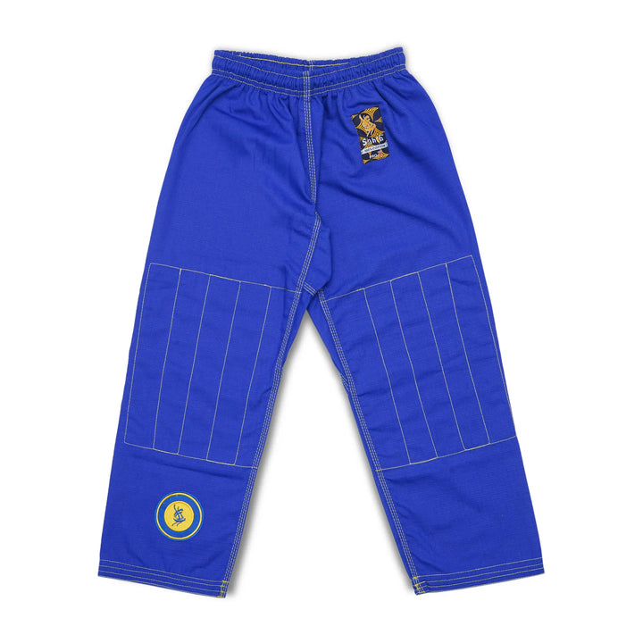 Back stitching view of blue BJJ pants for children – Sahib youth series