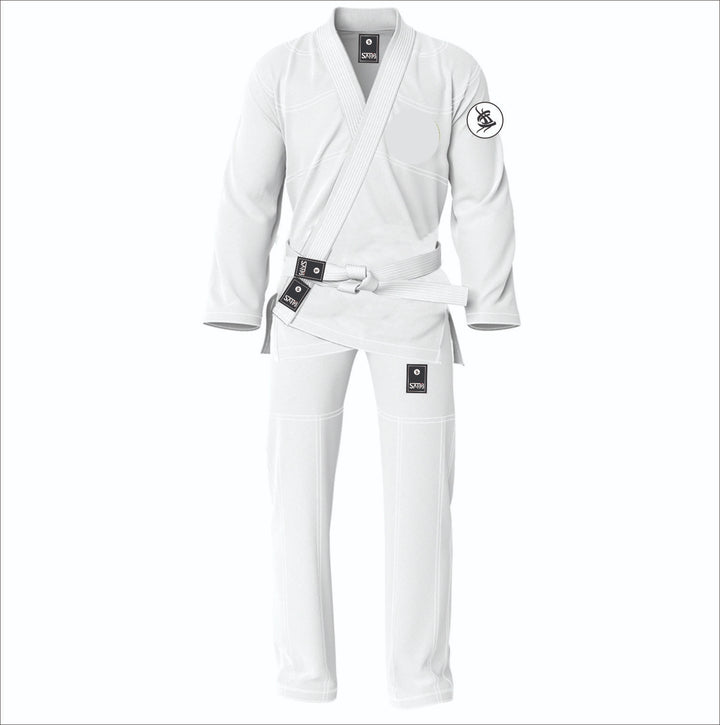 White custom BJJ gi with minimalist Sahib branding
