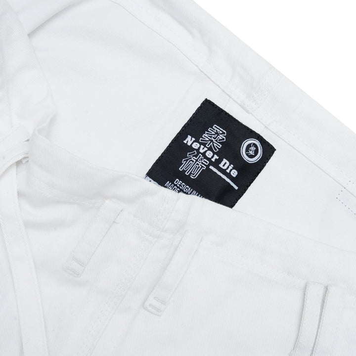 inner panel reinforcement close-up on Sahib Competition Series Handmade White Kyushu 1877 BJJ gi pants