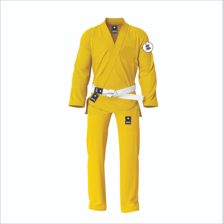 Yellow BJJ kimono with contrast stitching and custom details